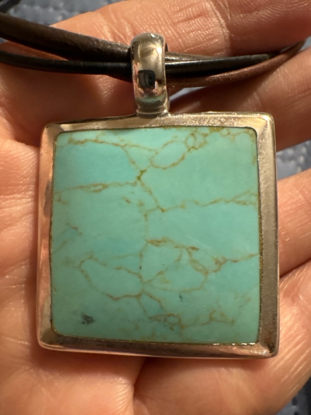 Sterling Silver 925 Thailand Turquoise Look Pendant Leather Cord Necklace Boho